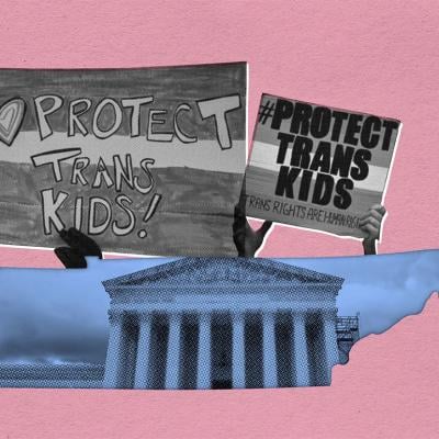 A collage illustration showing the U.S. Supreme Court over a graphic of a state and "Protect Trans Kids" protest signs.