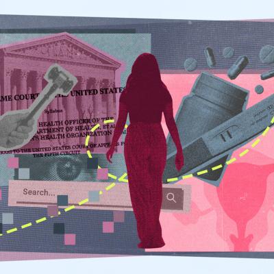 A custom illustration showing concepts of women's privacy, healthcare, pregnancy and the U.S. Supreme Court.