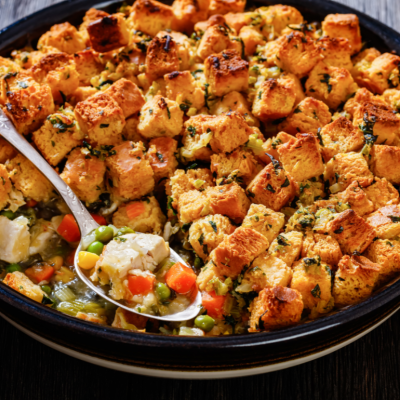 Turkey pot pie with a stuffing crust