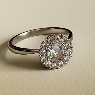 Photo of vintage platinum engagement ring with Dutch rose cut diamonds halo setting on textured beige background.