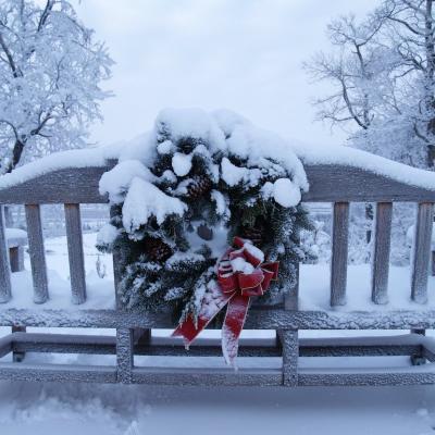 Bench with wreath in Anchorage, Alaska.