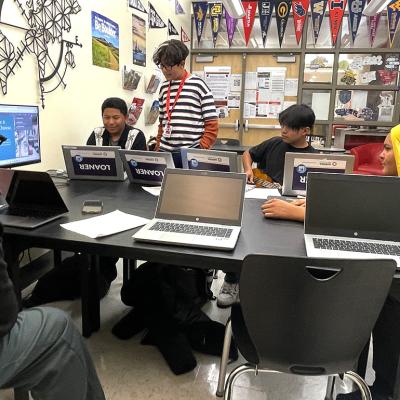 Students in an after-school club called AI Studio at Aurora West College Preparatory Academy in Denver pitch products they conjured up with the help of AI.