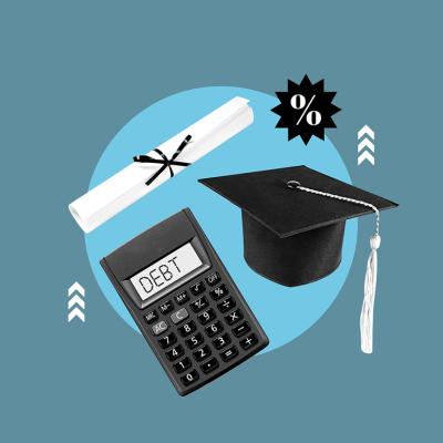 Conceptual illustration for student debt; a calculator with "debt" as text, graduation cap and a diploma.