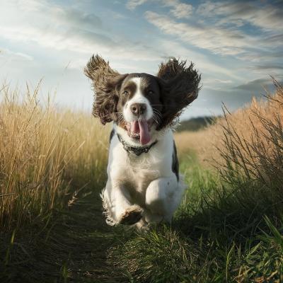 English Springer Spaniel dog in field.