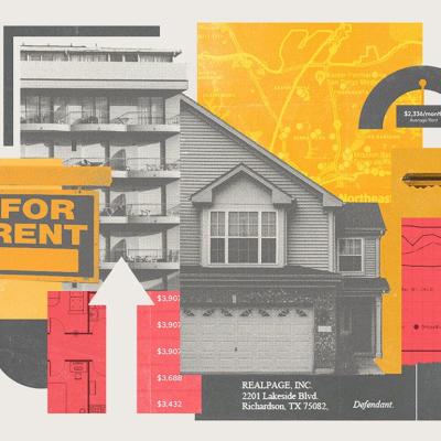 Photo illustration showing elements of company software that landlords use to set prices.