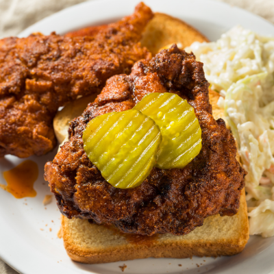 Nashville Hot Chicken with bread and pickles