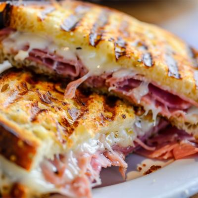 A reuben sandwich that's been grilled with Swiss cheese, sauerkraut, mustard, and corned beef. 