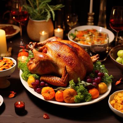 A traditional homemade Christmas feast, with a roasted turkey as the main dish.