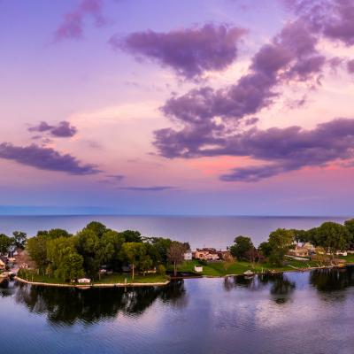 The Cedar Point peninsula at dusk, in Sandusky, Ohio, on Lake Erie.