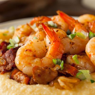 Homemade shrimp and grits with pork and cheddar.