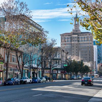 View of downtown buildings such as the historic high-rise Bank of Italy office building in San Jose, California.