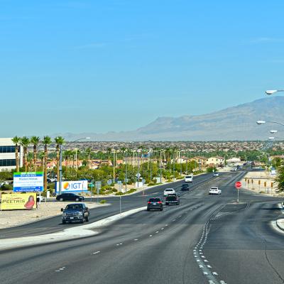 Cars driving along avenue roads in Las Vegas Spring Valley, Nevada.