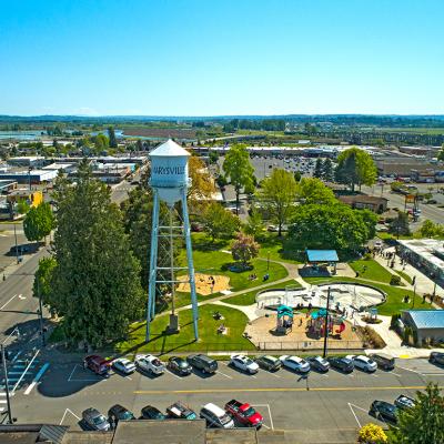 An aerial view of the Water Tower Comeford Park in Marysville, Washington.