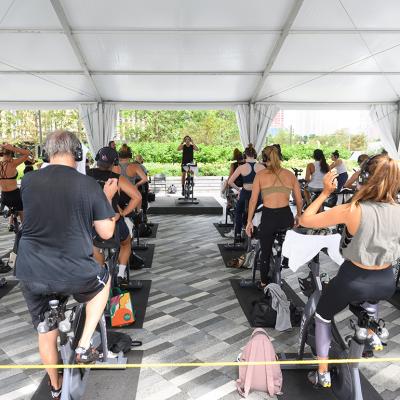 People attend an outdoor SoulCycle class at the Hudson Yards in New York City.