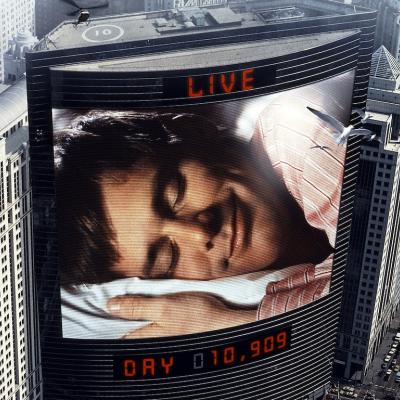 Jim Carrey sleeps in movie art for the 1998 film 'The Truman Show.'