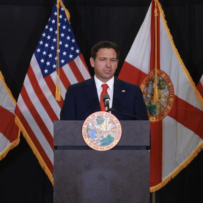 Florida Gov. Ron DeSantis speaks during a press conference regarding an apparent assassination attempt of former President Donald Trump on September 17, 2024 in West Palm Beach, FL.