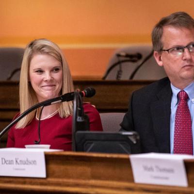 Wisconsin Elections Commission Administrator Meagan Wolfe, left, during a Elections Commissions meeting.