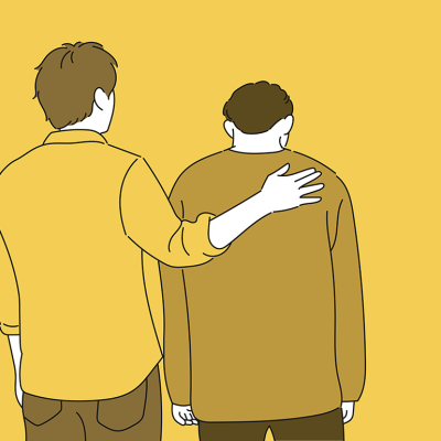 Vector style illustration on yellow of One man is patting the other man's shoulders and comforting him.