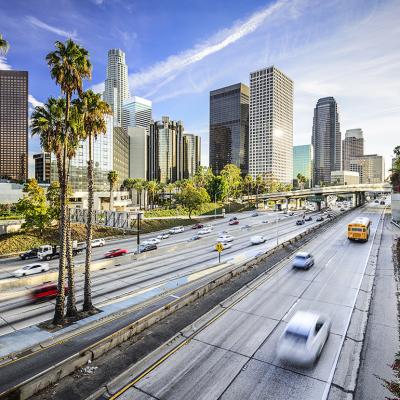 Cars driving on the roads of downtown Los Angeles, California.