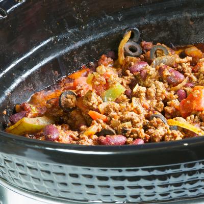 Homemade chili cooked using a slow cooker.