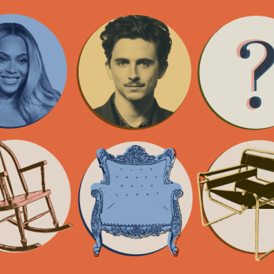 Photo illustration with photos six circles representing celebrities and furniture items on orange background.