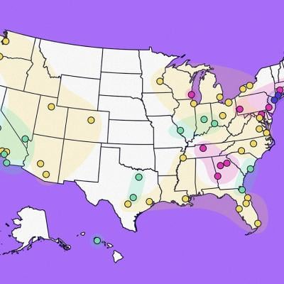 Lyft's custom illustration of the US map with colored data markers about which states are at risk of SAD.