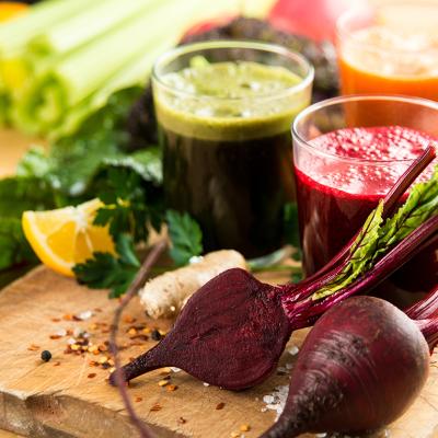 Vegetables such as beetroot, carrot, celery and ginger made into juice.