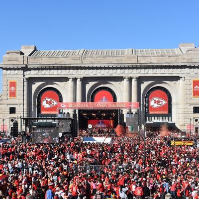 A crowd of millions celebrate the 2024 NFL Superbowl Champions, the Kansas City Chiefs, in front of Union Station. 