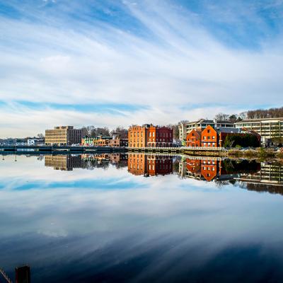 A housing neighborhood near the downtown bridge in Westport, CT.