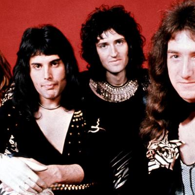 Drummer Roger Taylor, singer Freddie Mercury, guitarist Brian May, and bassist John Deacon of British rock band Queen pose in London, England in 1973.