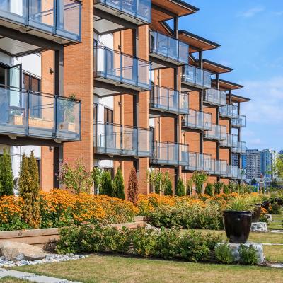 A row of units of a modern apartment building.