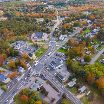 Aerial view of historic center of Bellingham, Norfolk County, Massachusetts.