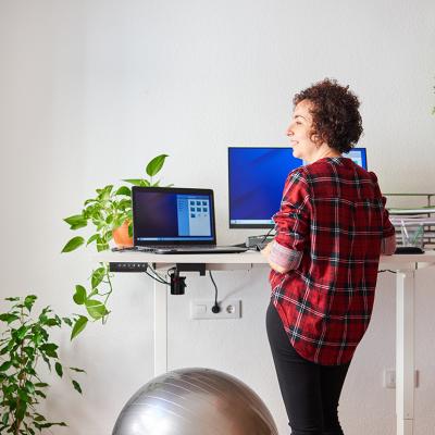 Woman working from home with an adjustable desk standing next to a fitness ball.