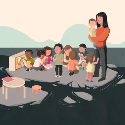 A woman looking after a class of children illustrated with the concept of melting, thinning ice.