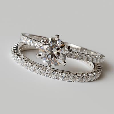 A set of classic eternity-style diamond wedding band and ring.