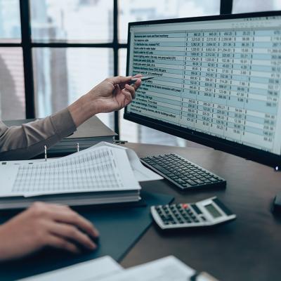 Finance person checking accounting data in an office computer.