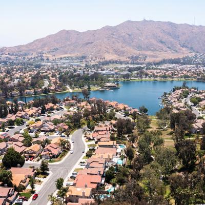 An aerial and scenic view of a suburban neighborhood in Moreno Valley, Riverside, California.