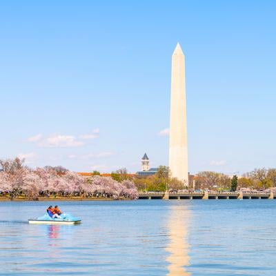 A couple on a pedal boat at the Tidal Basin with a view of the Washington Monument.