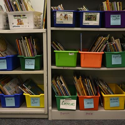 Books are shelved by category in Castro Elementary, a small bilingual school in the Denver Public School system in Colorado.