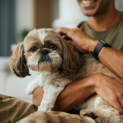 A soldier pets a small dog sitting on his lap.