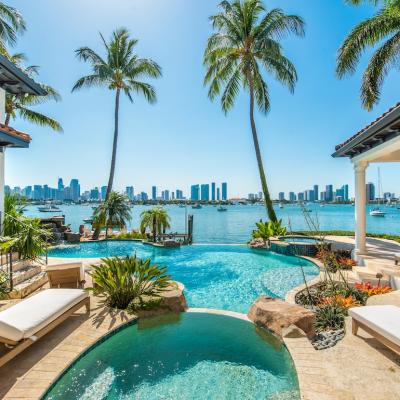View of downtown Miami from a house on the water in Miami Beach.