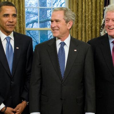 Former Presidents Barack Obama, George W. Bush, and Bill Clinton in the Oval Office of the White House in Washington, D.C., on Jan. 7, 2009.