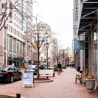 Street roads and bulldings during the day at a town center in northern Virginia.