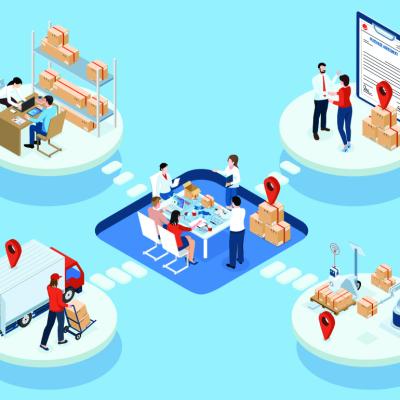 Isometric illustration of material procurement process for businesses.