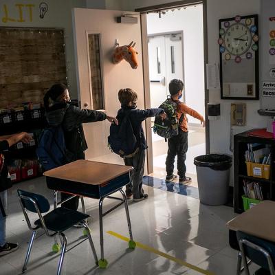 A Connecticut kindergarden class social distances in October 2020.