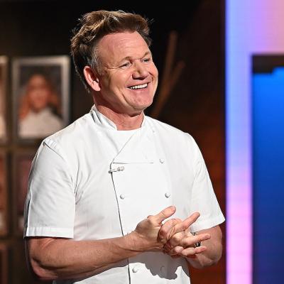 Chef and TV host Gordon Ramsay in his white chef's coat on Fox in 2022.