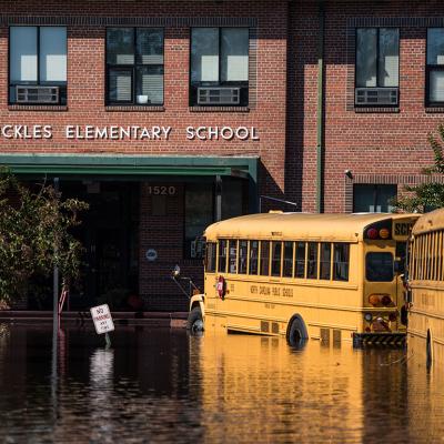 An elementary school flooded from the Lumber River during Hurricane Matthew's aftermath in Lumberton, North Carolina.