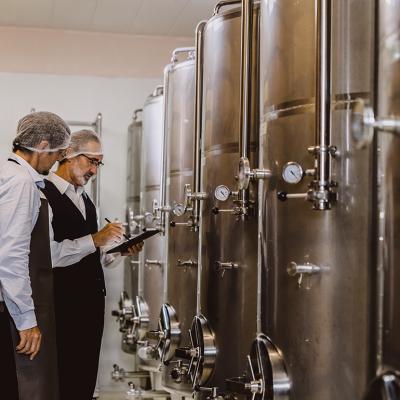 Two winemaking professionals inspecting the large winery storage and equipment.