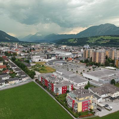 Aerial view of the city of Wörgl in Tirol.