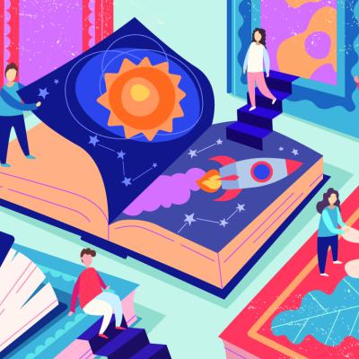 Illustration showing figures of young people being on top of textbook pages.
